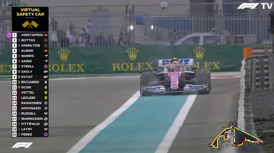 GP Abu Dhabi F1, após 10 voltas: Sergio Pérez abandona. Safety-Car em pista
