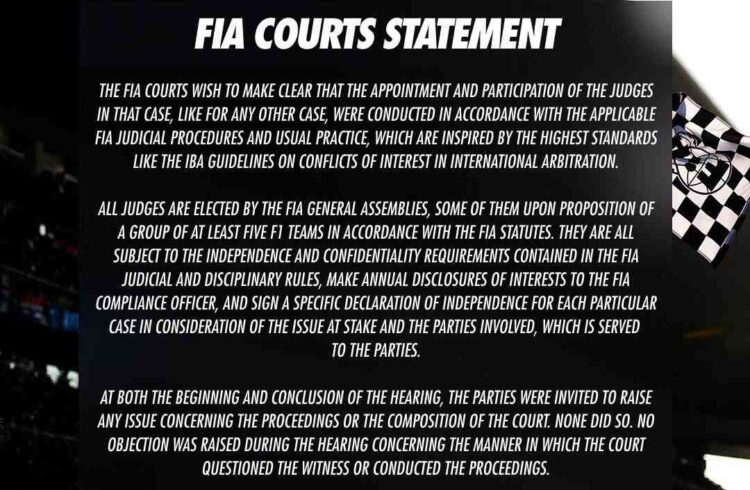 Declaração dos tribunais da FIA esclarece regras de nomeação e independência de juízes