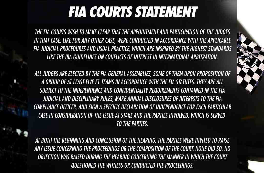 Declaração dos tribunais da FIA esclarece regras de nomeação e independência de juízes
